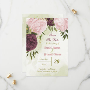 cabernet pink flowers green leaves save the date