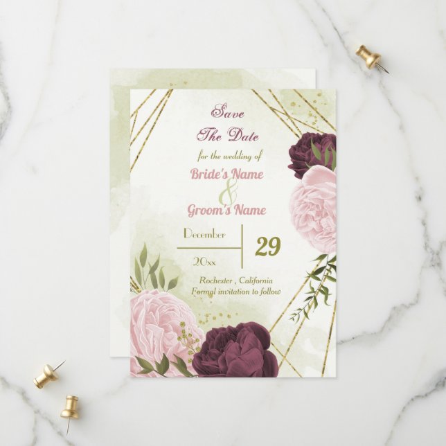 cabernet pink flowers green leaves save the date (Front/Back In Situ)