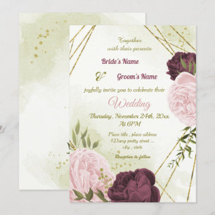 cabernet pink flowers green leaves wedding invitation