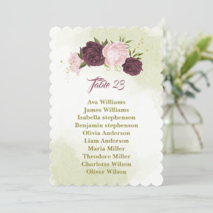 cabernet pink flowers greenery seating chart card