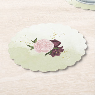 cabernet pink flowers greenery wedding paper coaster