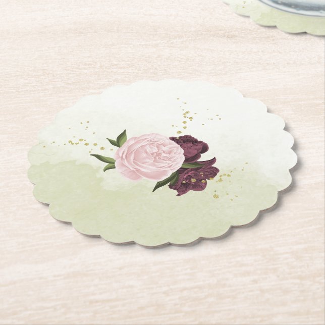 cabernet pink flowers greenery wedding paper coaster (Angled)