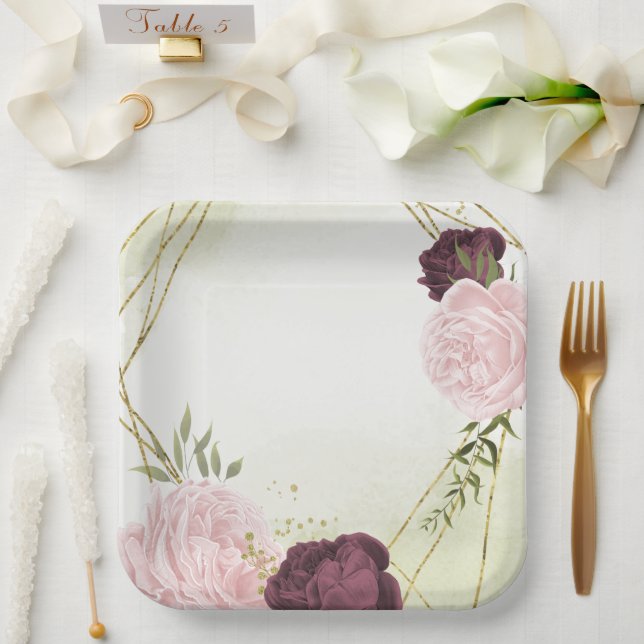 cabernet pink flowers greenery wedding paper plate (Wedding)