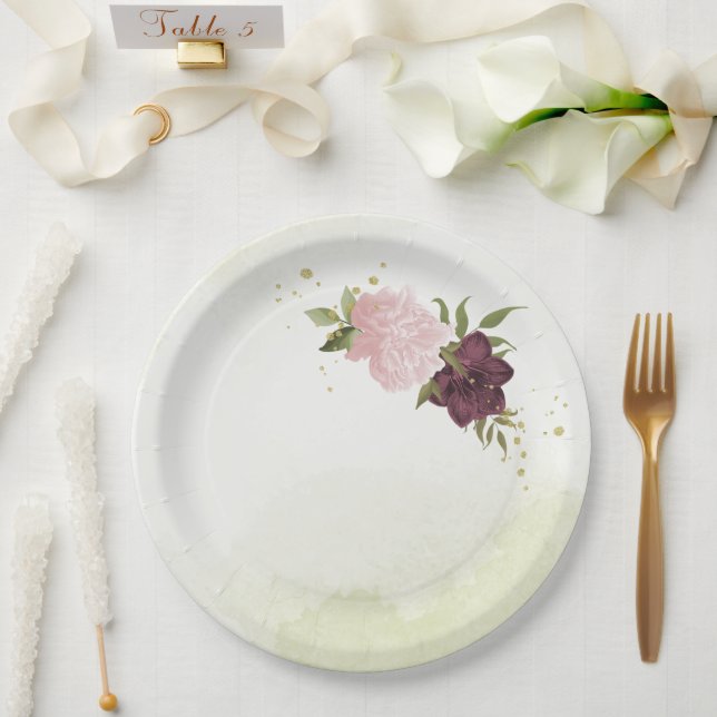 cabernet pink flowers greenery wedding paper plate (Wedding)