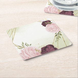 cabernet pink flowers greenery wedding square paper coaster