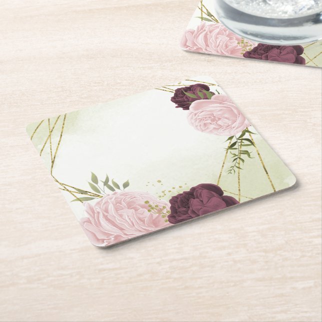 cabernet pink flowers greenery wedding square paper coaster (Angled)
