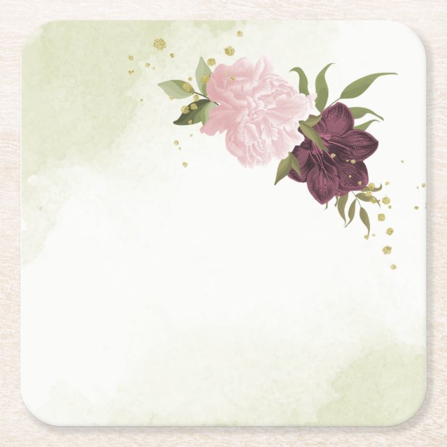 cabernet pink flowers greenery wedding square paper coaster (Front)