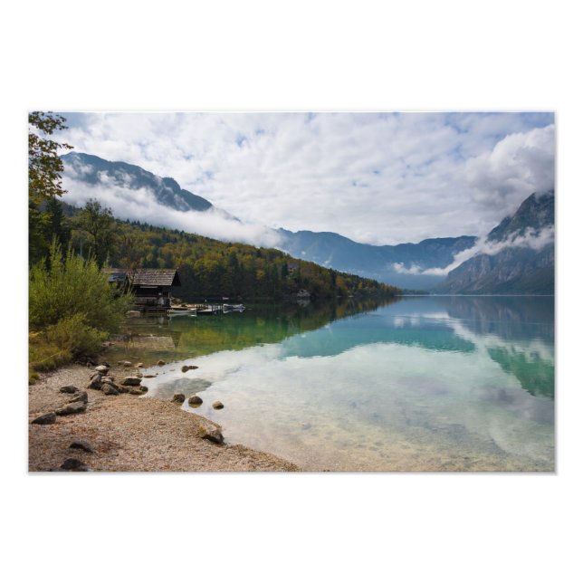 Cabin alongside Bohinj Lake in Slovenia Photo Print (Front)