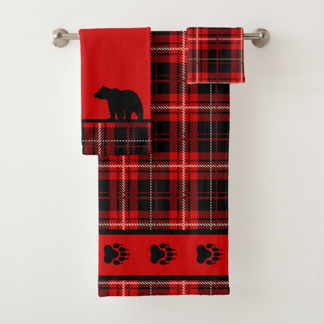 Cabin Bear Red and Black Plaid Bath Towel Set (Insitu)