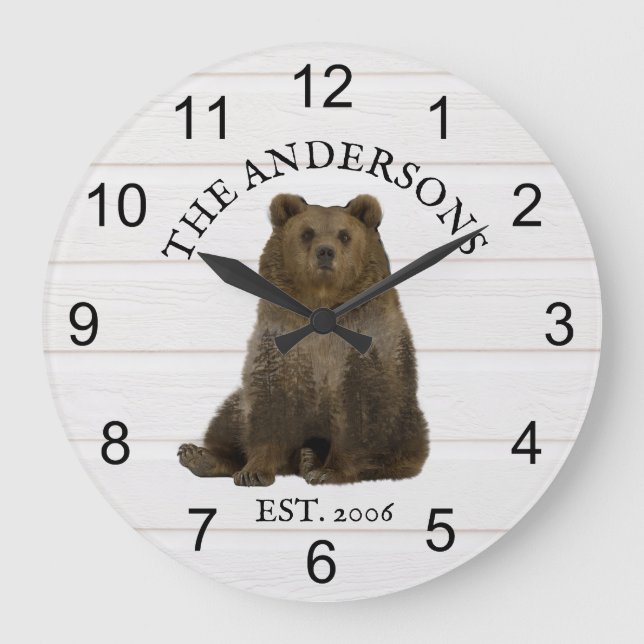 Cabin Bears Forest wood Personalised Mountain   Large Clock (Front)