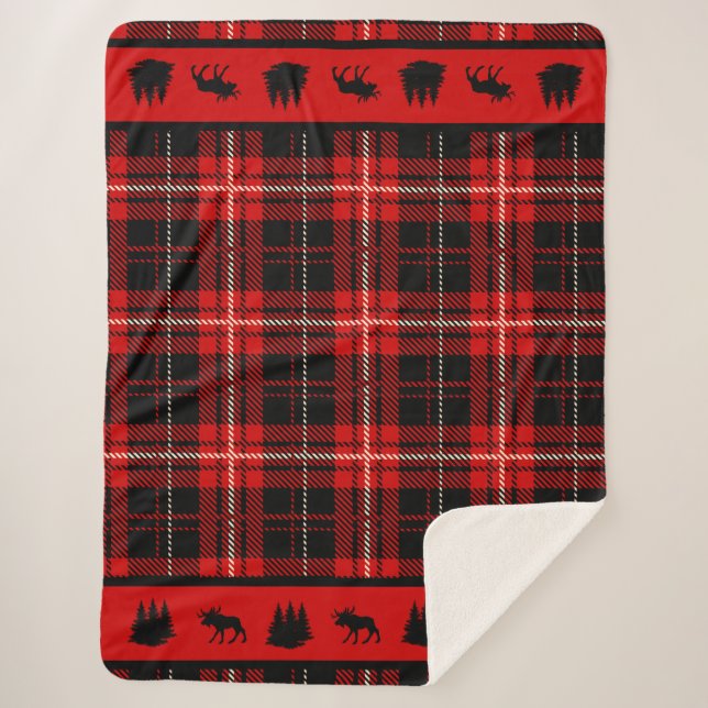 Cabin Black Moose Red Plaid Sherpa Blanket (Front)