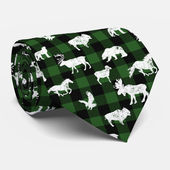 Cabin Buffalo Plaid Lumberjack Check Pattern Green Tie (Rolled)