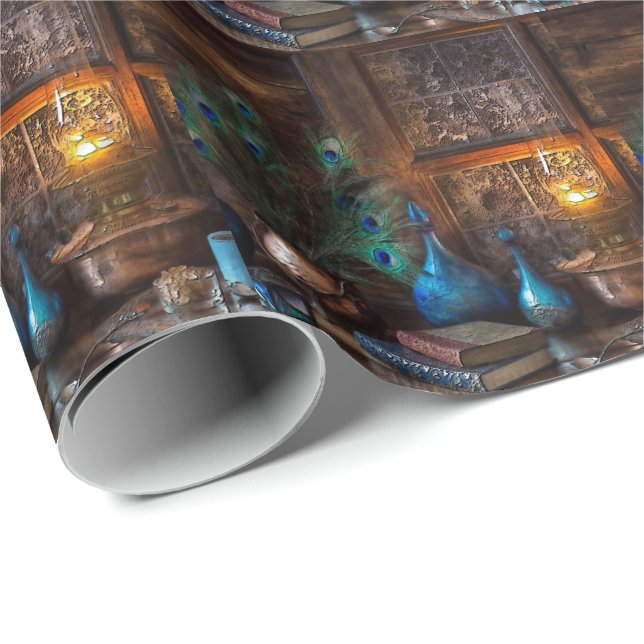 Cabin by lamplight rustic winter scene brown blue  wrapping paper (Roll Corner)