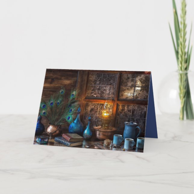Cabin by lamplight scene rustic winter card (Front)