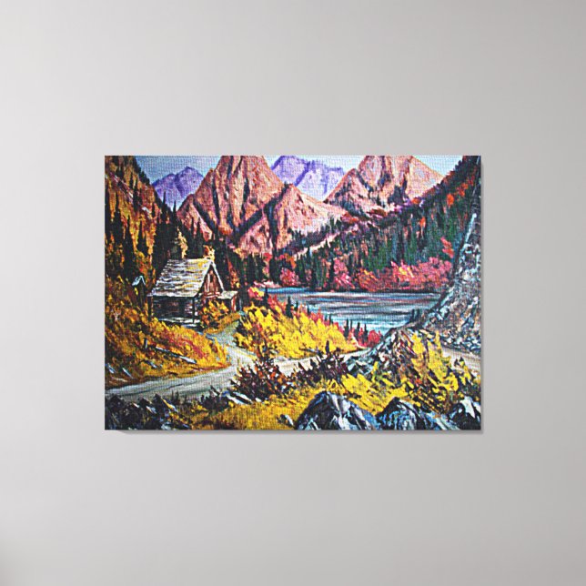 Cabin By the Lake Fine Art Painting Large Canvas Print (Front)