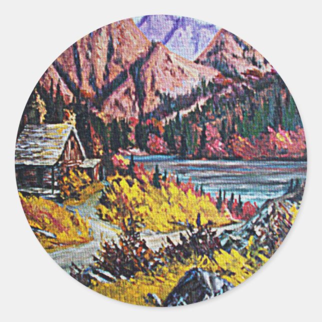 Cabin by the Lake Oil Painting Classic Round Sticker (Front)