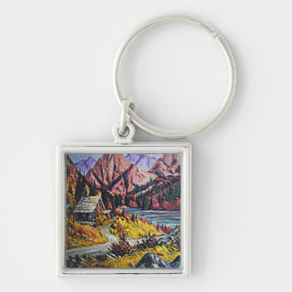 Cabin by the Lake Oil Painting Key Ring