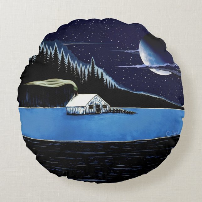 "Cabin by the Lake" Round Pillow design. (Front)