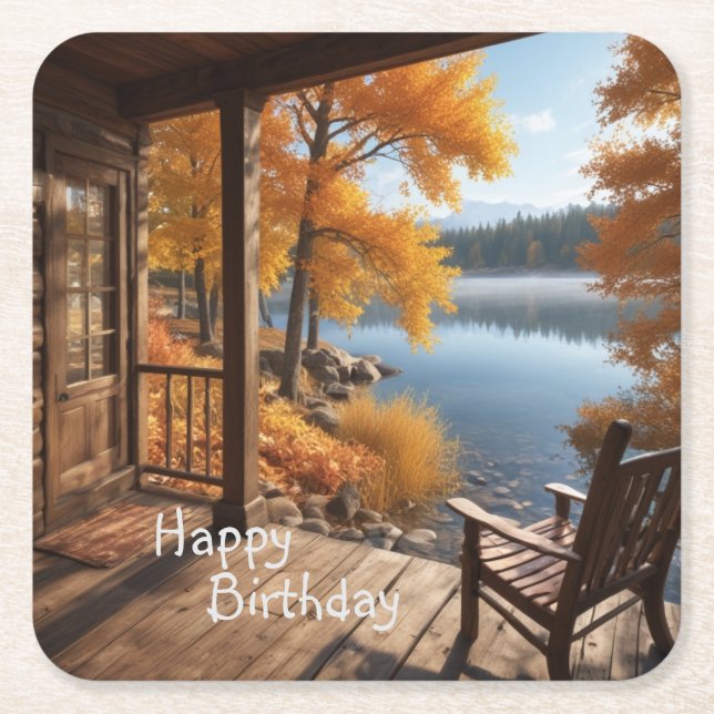 Cabin By the Lake Square Paper Coaster (Front)