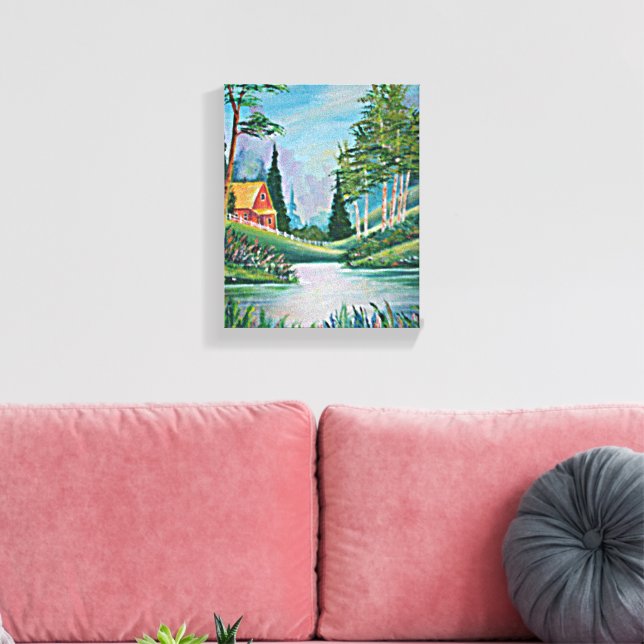 Cabin by the Stream Fine Art Painting 8x10 Canvas Print (Insitu(LivingRoom))