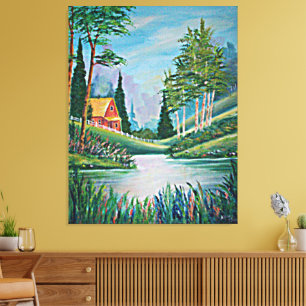 Cabin by the Stream Fine Art Painting Large Canvas Print