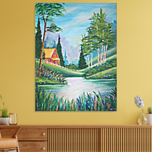 Cabin by the Stream Fine Art Painting Large Canvas Print