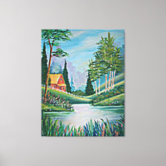 Cabin by the Stream Fine Art Painting Large Canvas Print