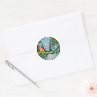 Cabin by the Stream Oil Painting Classic Round Sticker