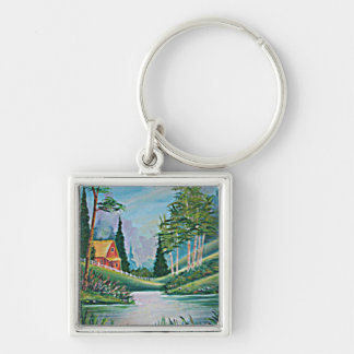 Cabin by the Stream Oil Painting Key Ring