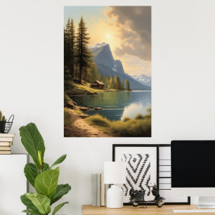 cabin facing a lake near the mountains poster