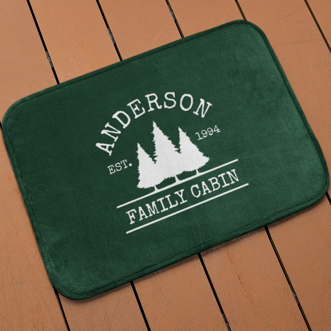 Cabin Family Name Forest Green Bath Mat (Customize to change text style or background color.)
