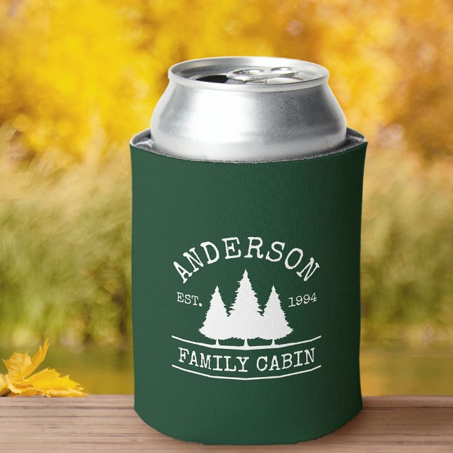 Cabin Family Name Forest Green Can Cooler (Customize to change text size or text style.)