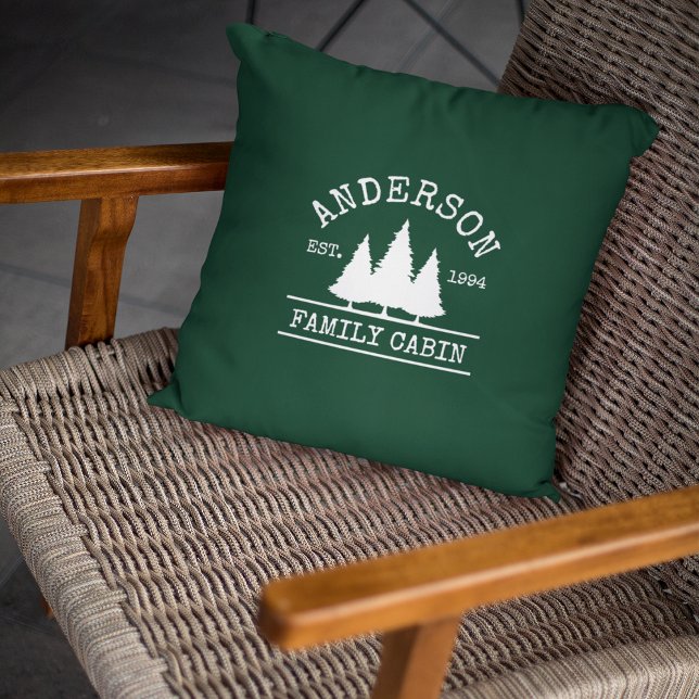 Cabin Family Name Forest Green Cushion (Customize to change text size or text style.)