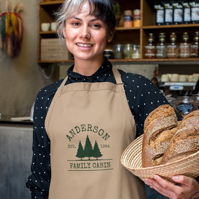 Cabin Family Name Forest Green Khaki Long Apron (Customize to change text size or text style.)