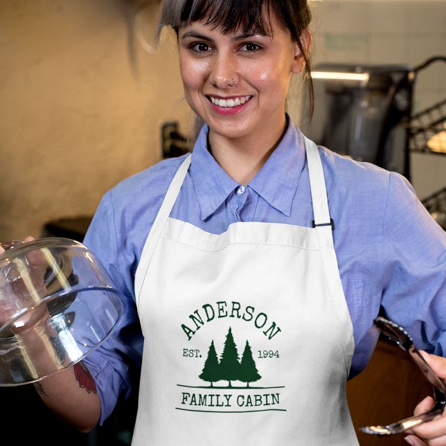 Cabin Family Name Forest Green Long Apron (Customize to change text size or text style.)