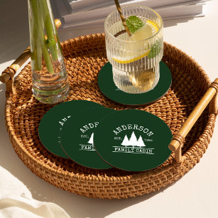 Cabin Family Name Forest Green Round Paper Coaster