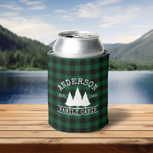 Cabin Family Name Green Buffalo Plaid Can Cooler