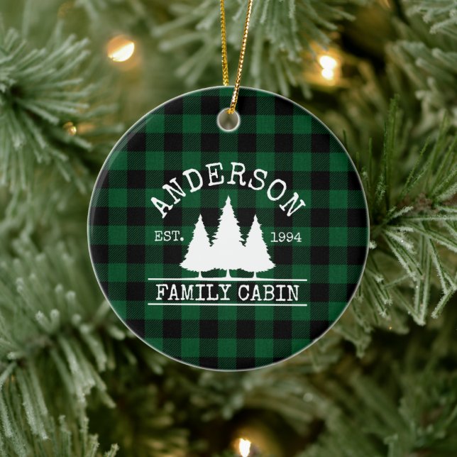 Cabin Family Name Green Buffalo Plaid Ceramic Tree Decoration (Tree)