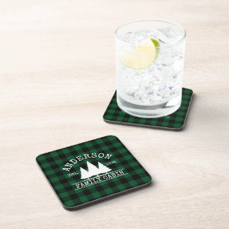 Cabin Family Name Green Buffalo Plaid Coaster