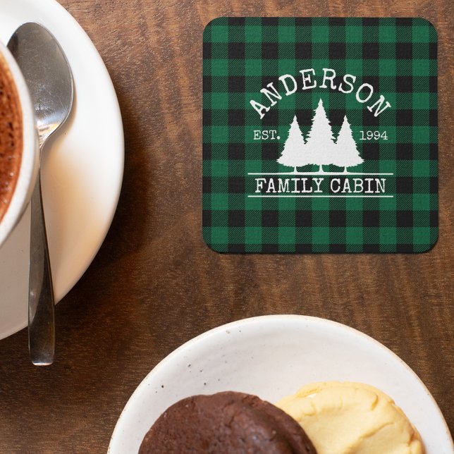 Cabin Family Name Green Buffalo Plaid Square Paper Coaster (Customize to change text size or text style.)