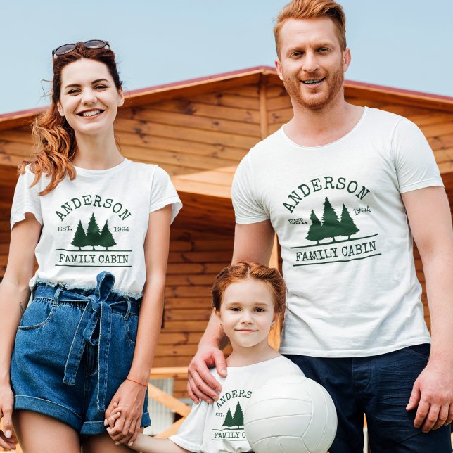 Cabin Family Name Green Pine Trees T-Shirt (Customize to change text size. Choose from a variety of shirt colors, sizes and styles.)