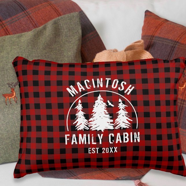 Cabin Family Name Red Black Buffalo Plaid Decorative Cushion (Creator Uploaded)