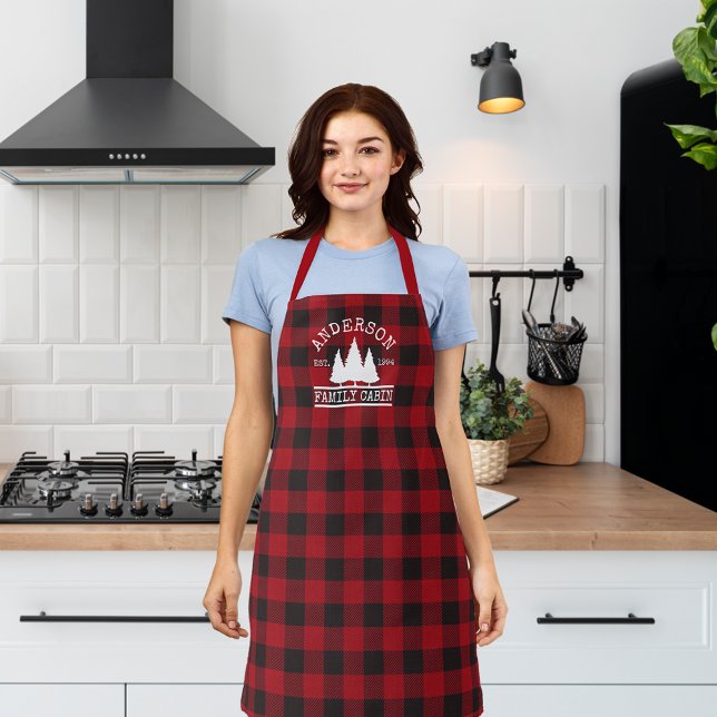 Cabin Family Name Red Buffalo Plaid Apron (Customize to change text size or text style.)