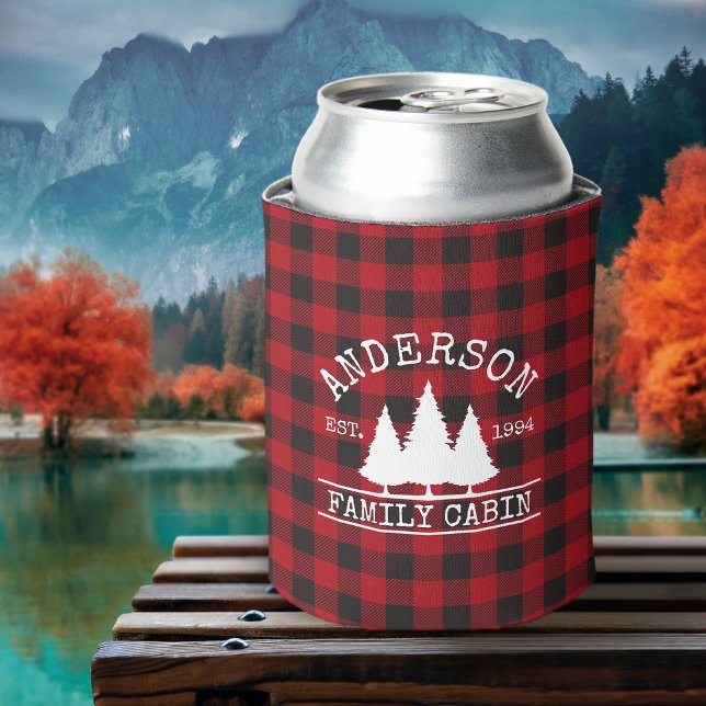 Cabin Family Name Red Buffalo Plaid Can Cooler (Customize to change text size or text style.)