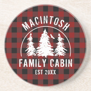 Cabin Family Name Red Buffalo Plaid Coaster