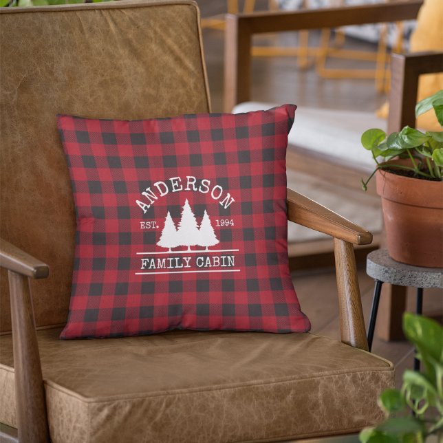 Cabin Family Name Red Buffalo Plaid Cushion (Customize to change text size or text style.)