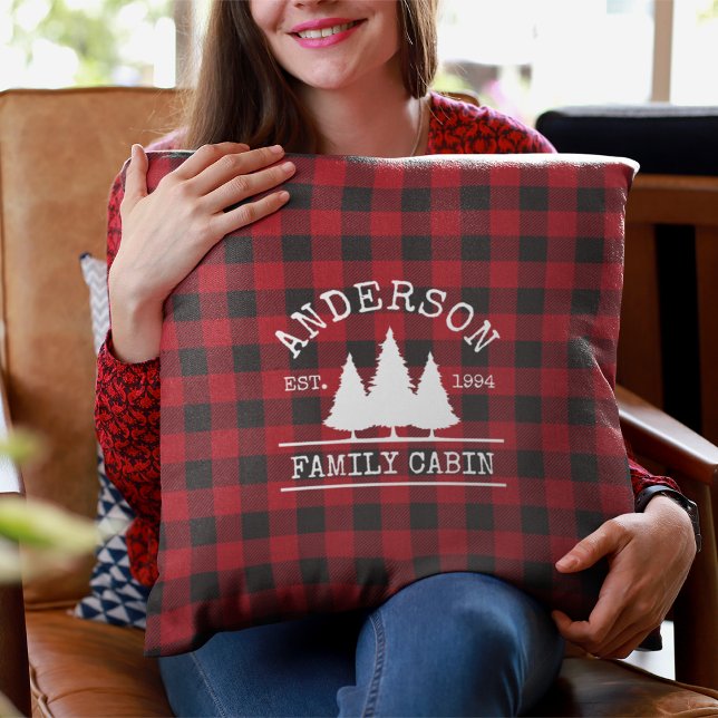 Cabin Family Name Red Buffalo Plaid Cushion (Customize to change text size or text style.)