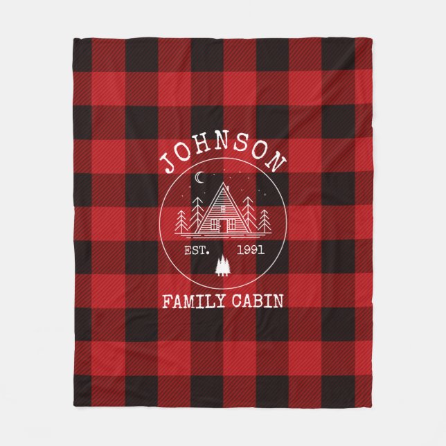 Cabin Family Name Red Buffalo Plaid Fleece Blanket (Front)