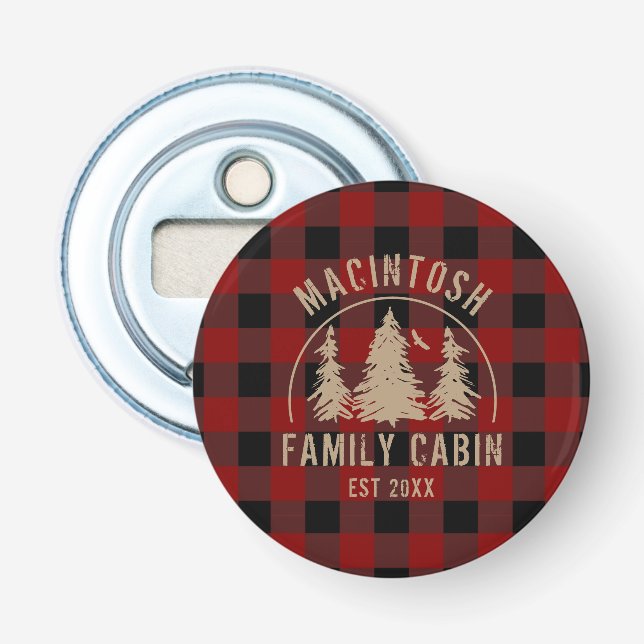 Cabin Family Name Red Buffalo Plaid Keepsake Bottl Bottle Opener (Front)
