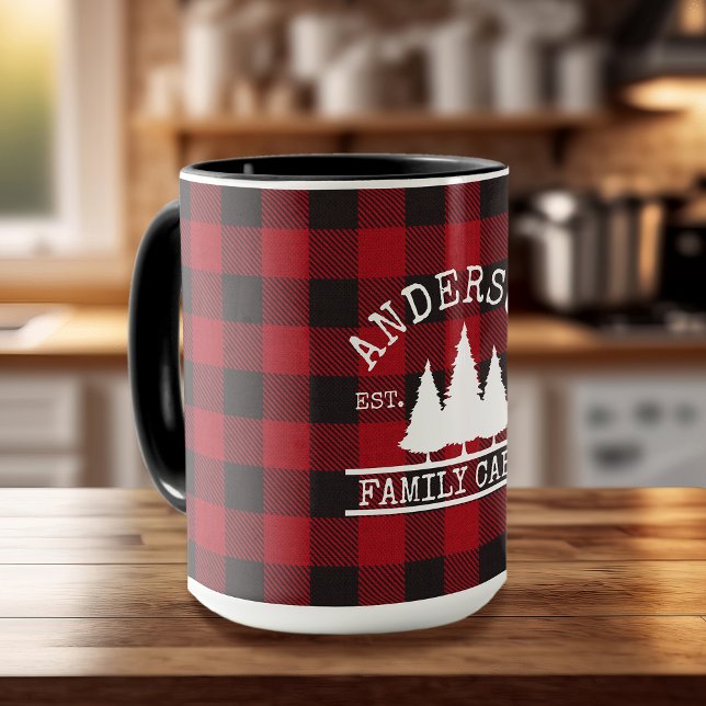 Cabin Family Name Red Buffalo Plaid Large Mug (Customize to change text size or text style.)